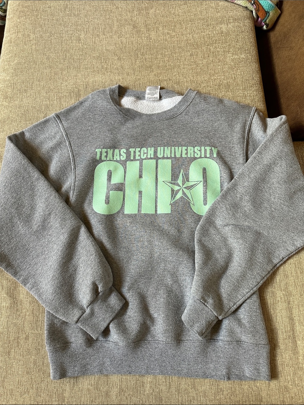 Jerzees grey Chi O Texas Tech Crewneck Sweatshirt with seafoam green Sz. small